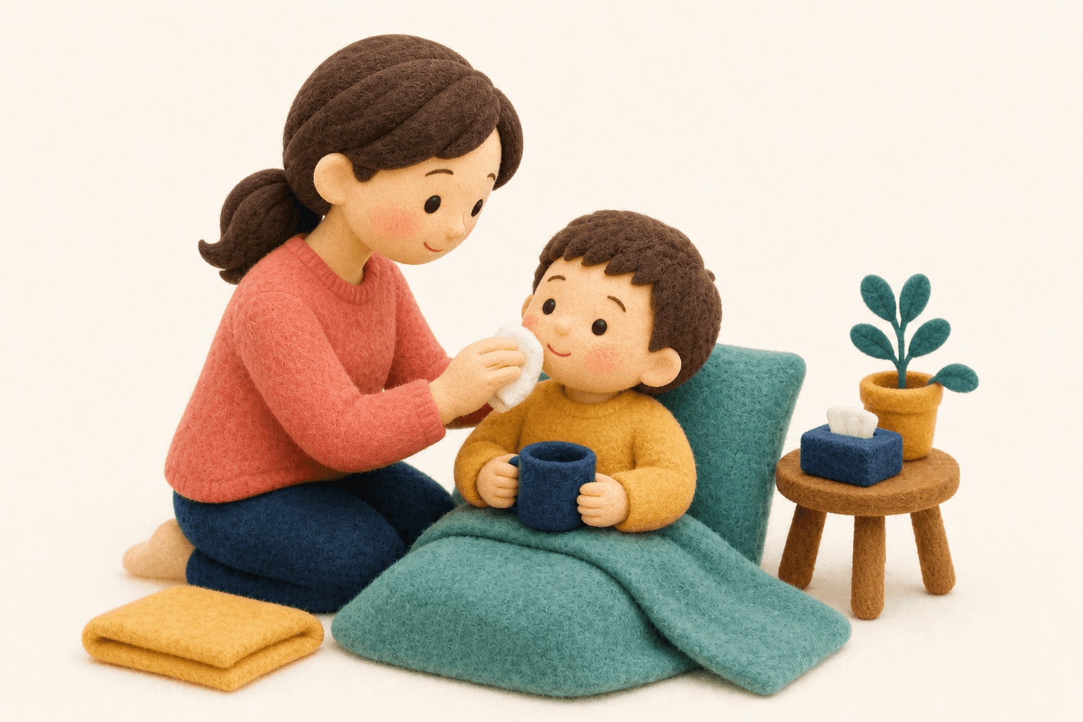 治療はどうしますか?の場面を示すフェルト人形風イラスト