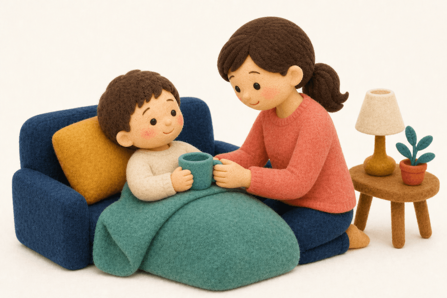 退院後の注意点は?の場面を示すフェルト人形風イラスト