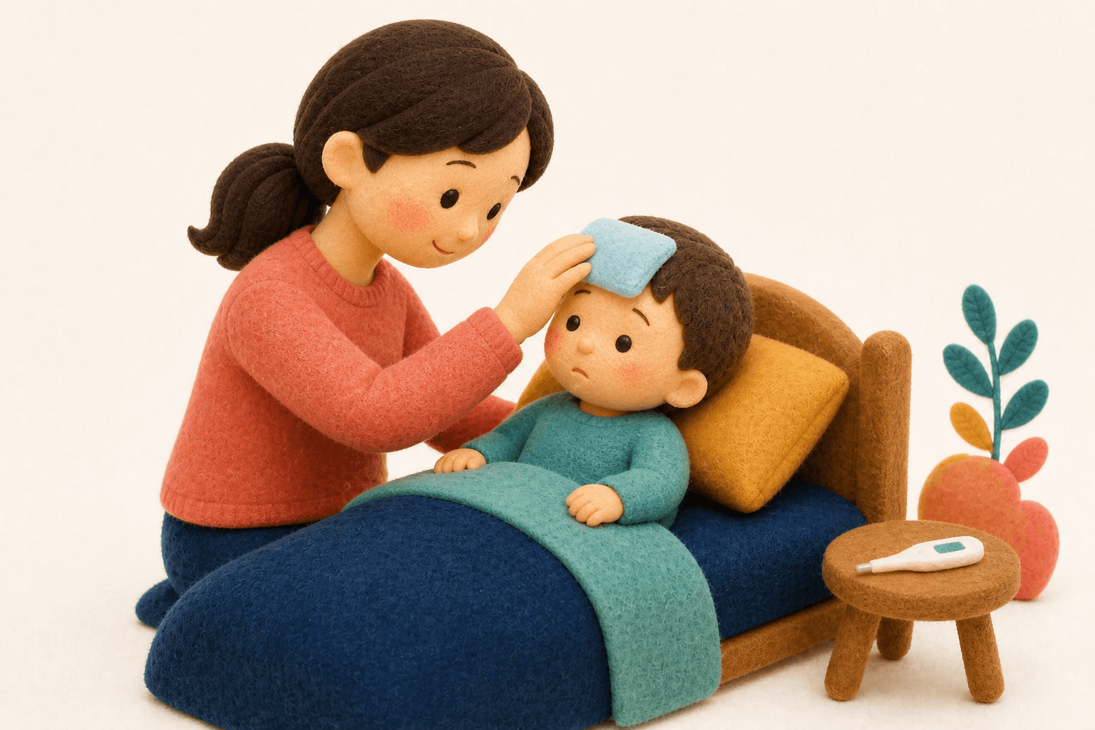 5日以上続く高熱の子どもをケアするフェルト人形風イラスト