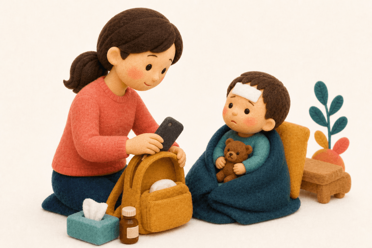 川崎病を疑い受診へ向かう準備をする親子のフェルト人形風イラスト