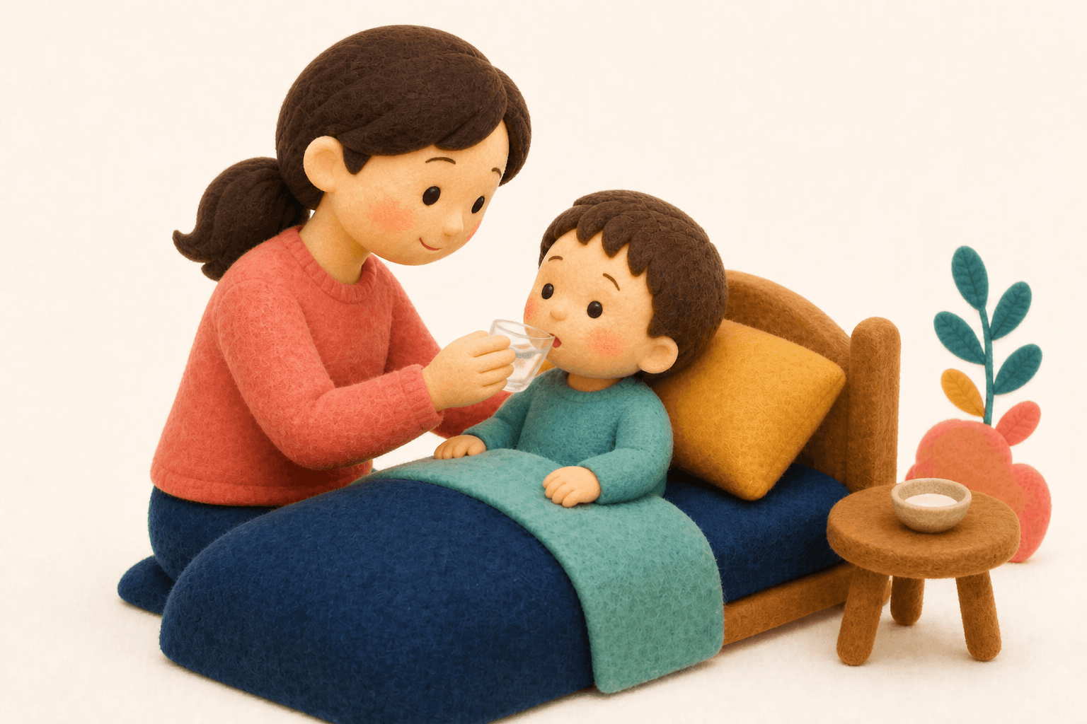 赤くなった唇の子どもに水分を勧める保護者のフェルト人形風イラスト