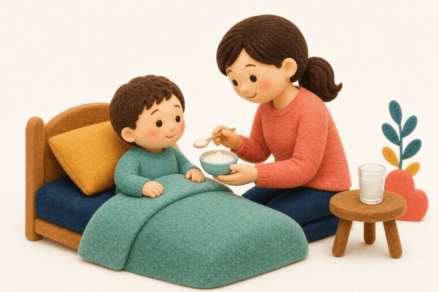 胃腸炎のあと牛乳を控えヨーグルトを勧めるフェルト人形風イラスト