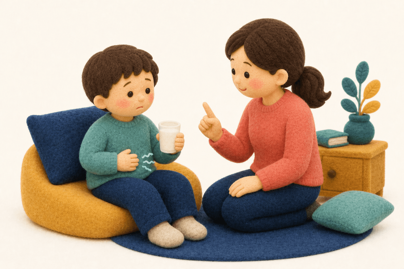 牛乳のあとお腹がゴロゴロする子どもと説明する保護者のフェルト人形風イラスト