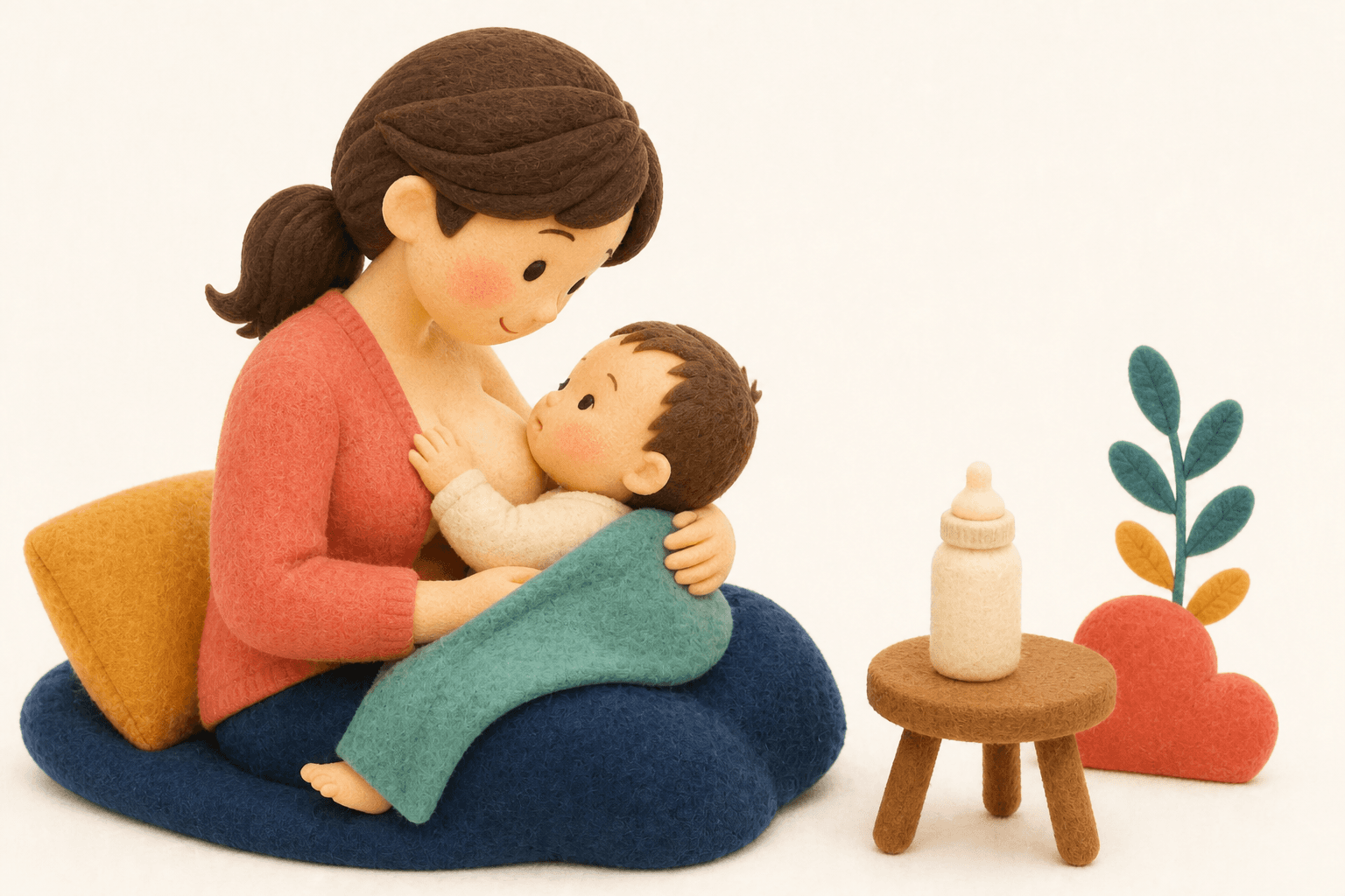 母乳を続けつつミルク対応を考える保護者のフェルト人形風イラスト