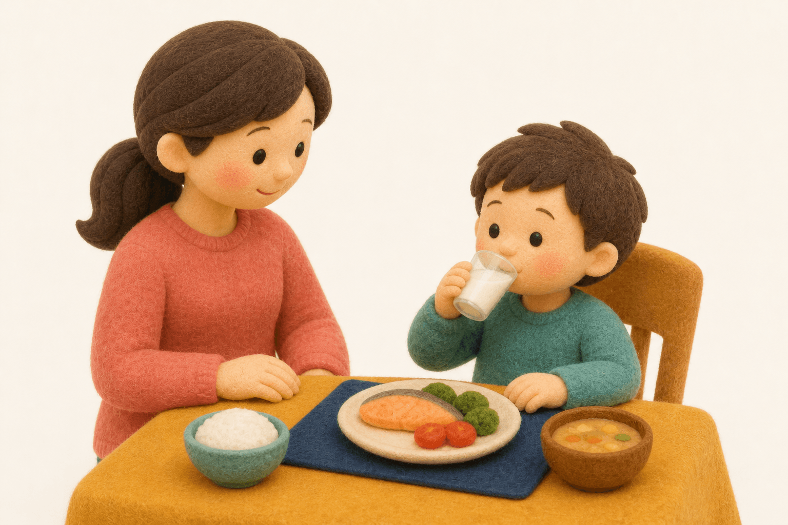 食事と一緒に牛乳を少量ずつ飲む学童のフェルト人形風イラスト