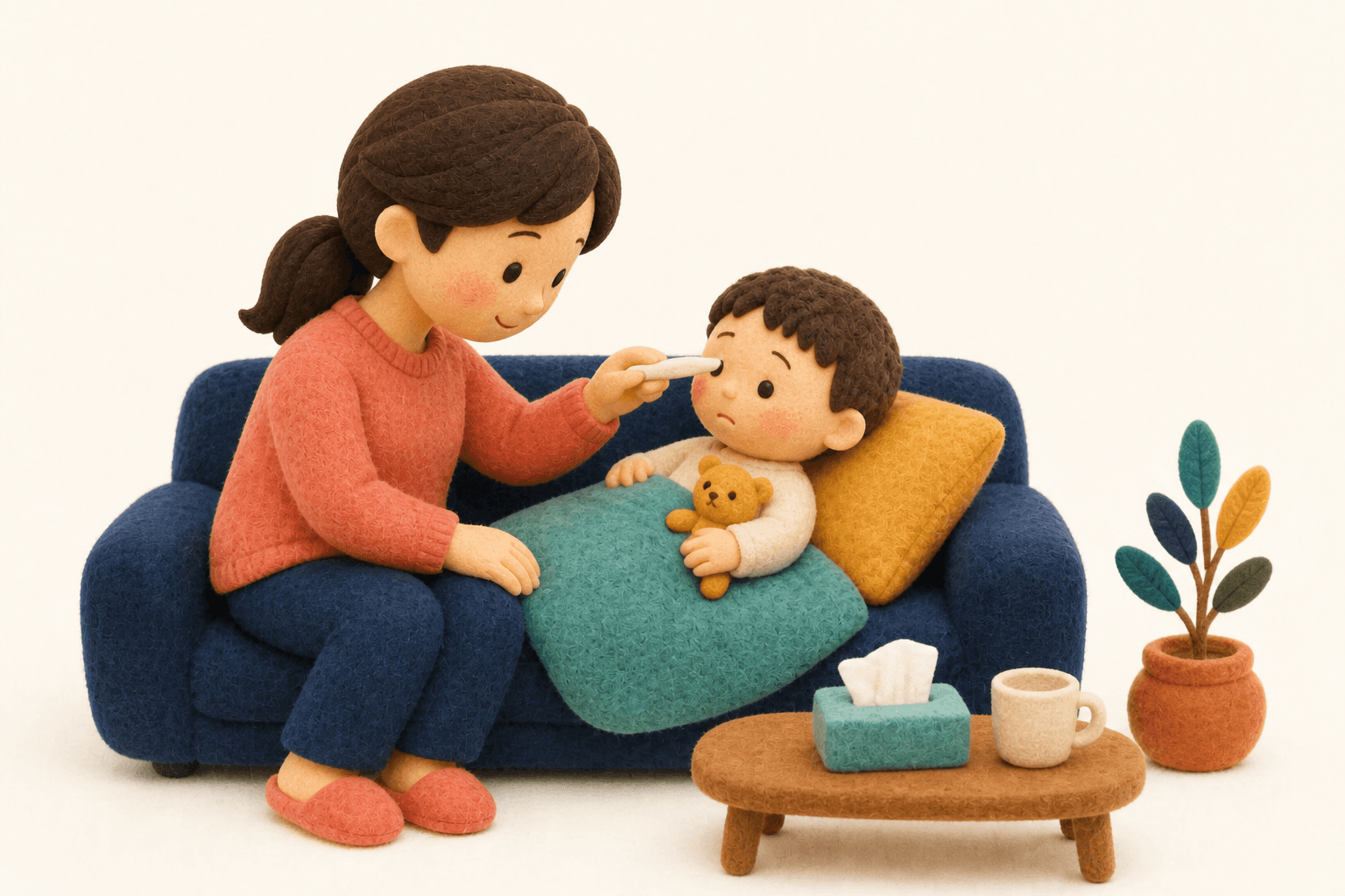 理解言語と表出言語の違いを教えてくださいの場面を示すフェルト人形風イラスト