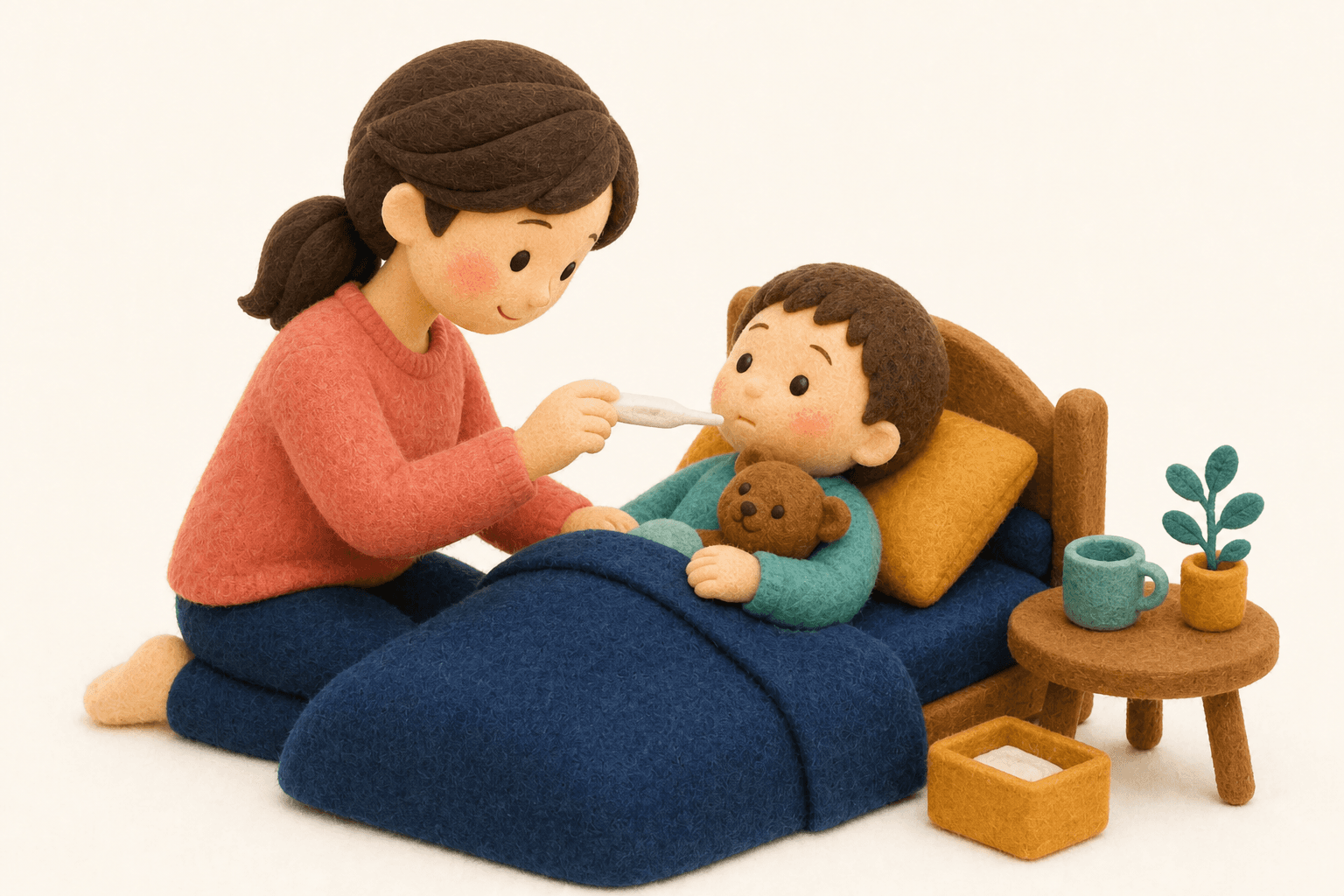 "言葉が遅い"の定義を教えてください。いつ心配すべきですか?の場面を示すフェルト人形風イラスト