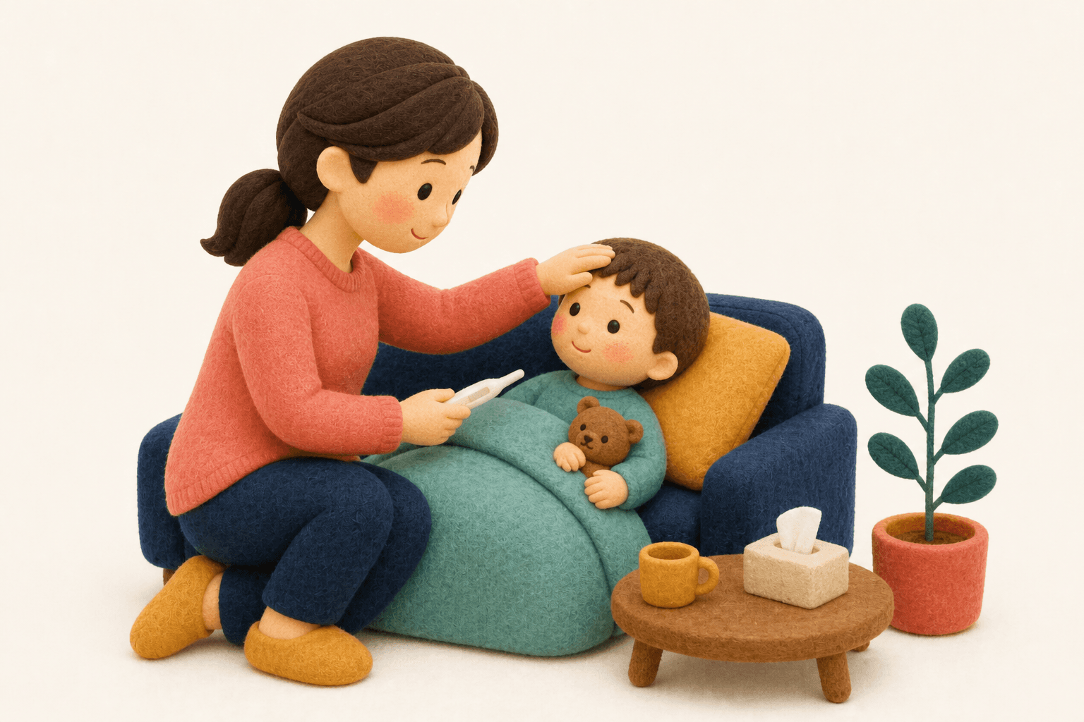 歩行開始が遅れる原因にはどんなものがありますか?の場面を示すフェルト人形風イラスト