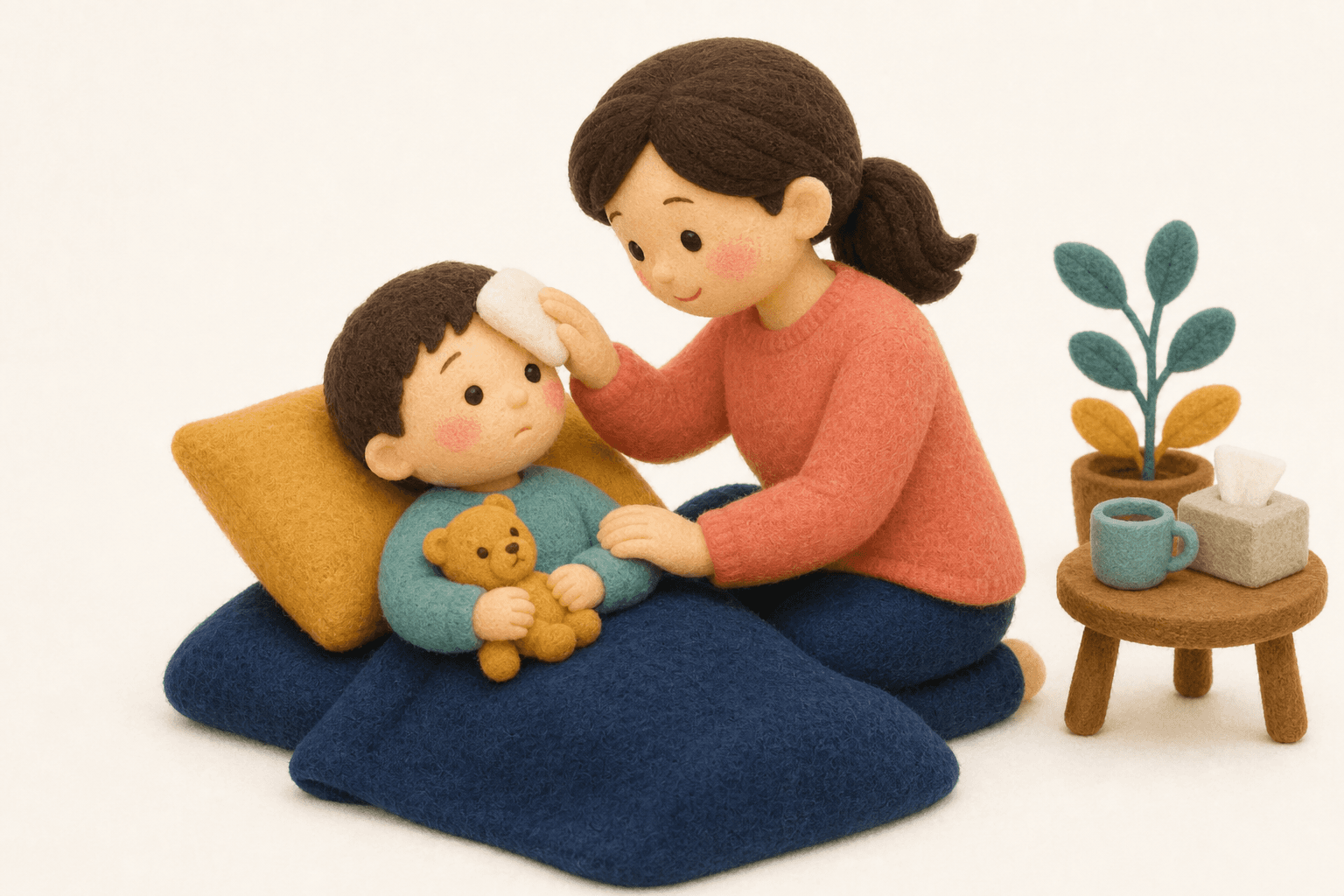 ファーストシューズはいつ、どう選べばいいですか?の場面を示すフェルト人形風イラスト