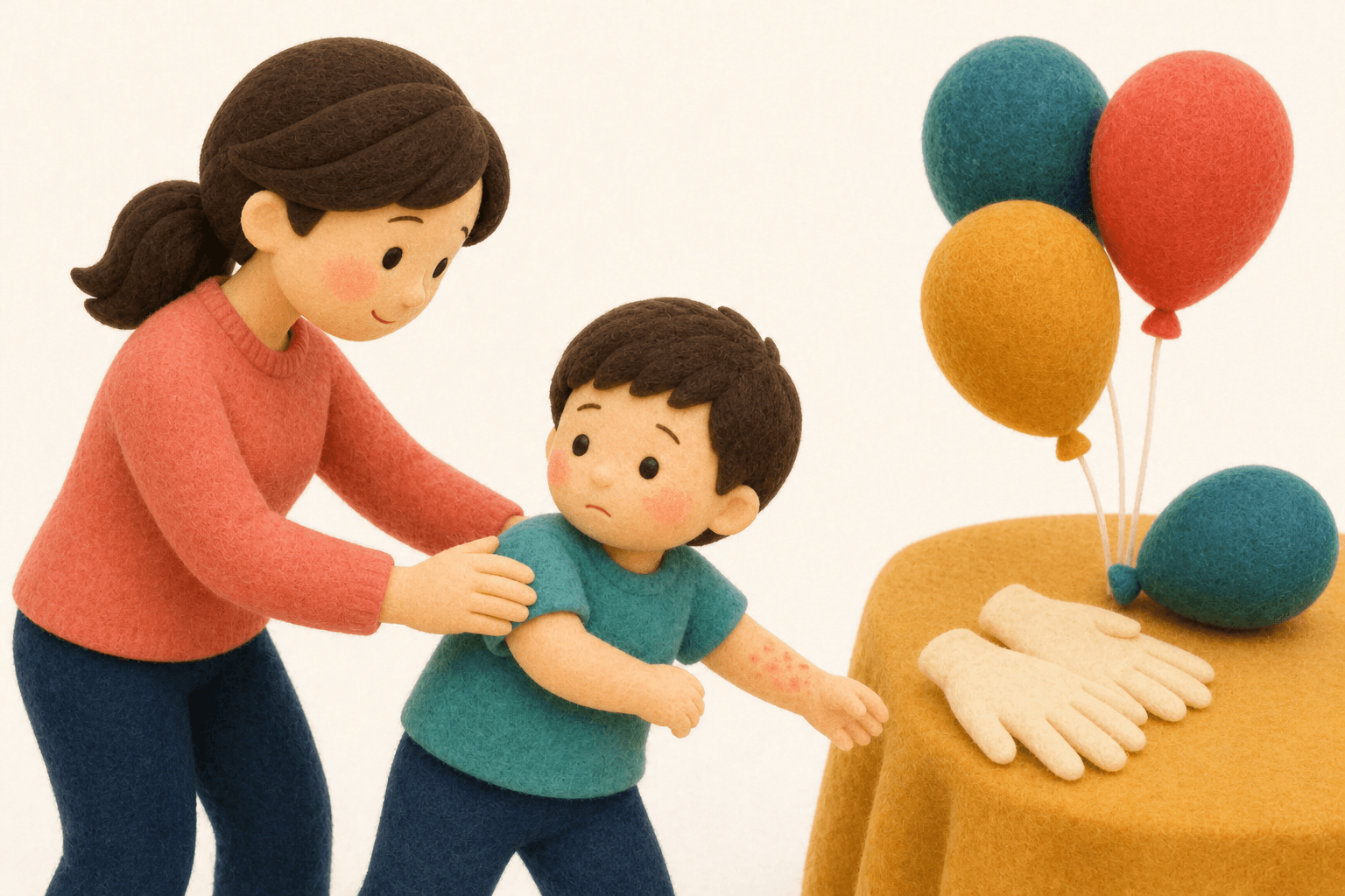 ゴム風船から子どもを遠ざける保護者のフェルト人形風イラスト