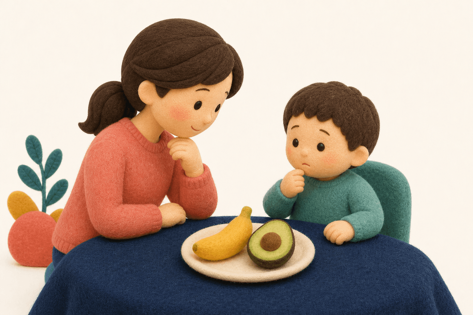 バナナやアボカドの前で口のかゆみに気づく子どものフェルト人形風イラスト