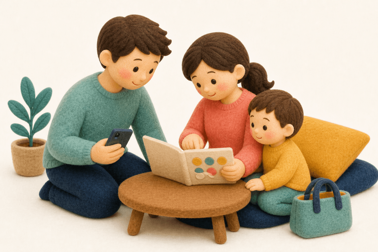 家族全員で母子手帳の接種歴を確認し電話相談するフェルト人形風イラスト