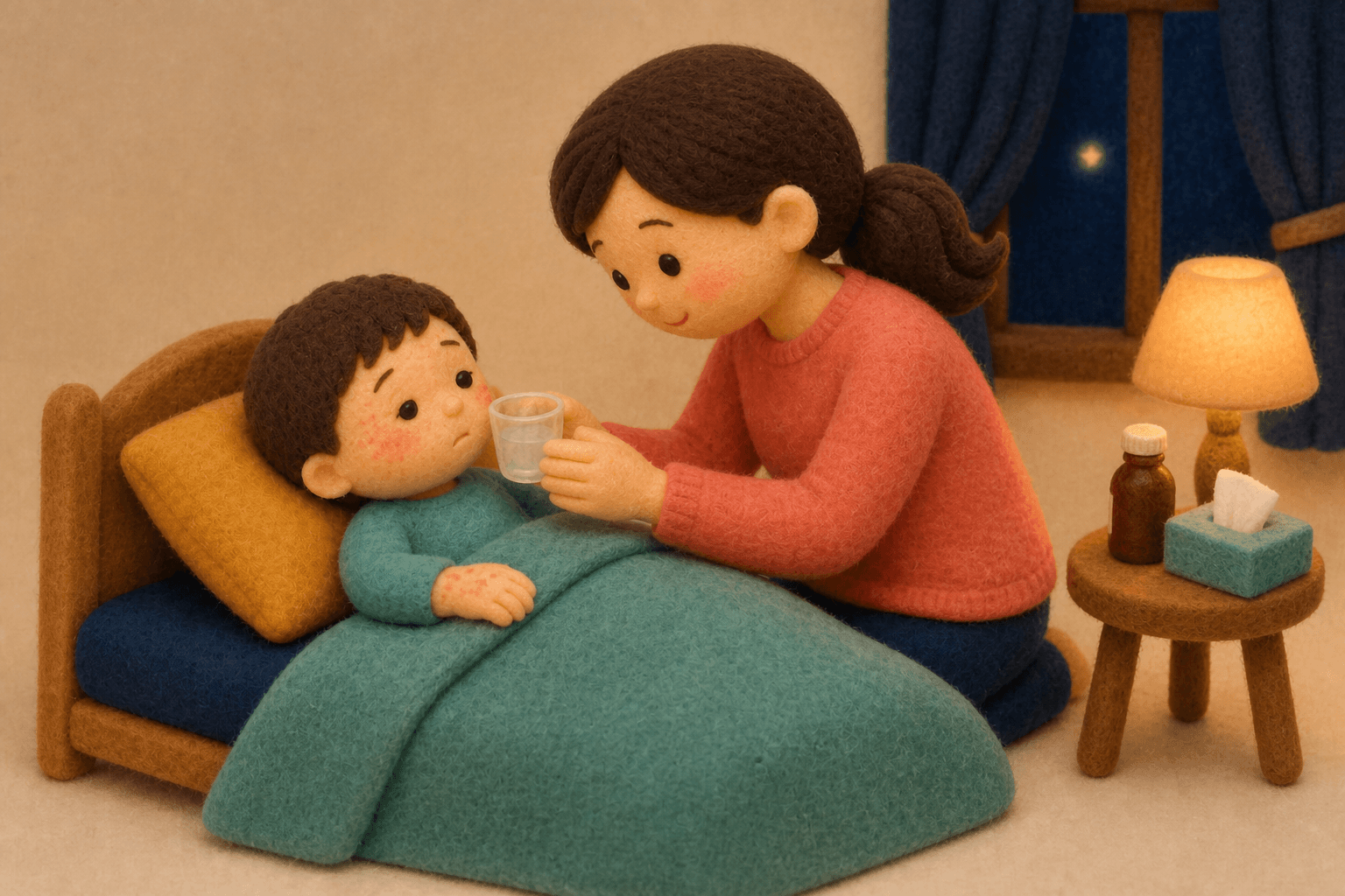 暗めの部屋で水分をとりながら休む麻疹の子どもと保護者のフェルト人形風イラスト