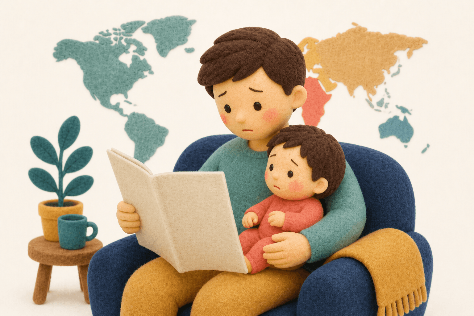 世界的な麻疹流行のニュースを気にする親と子どものフェルト人形風イラスト