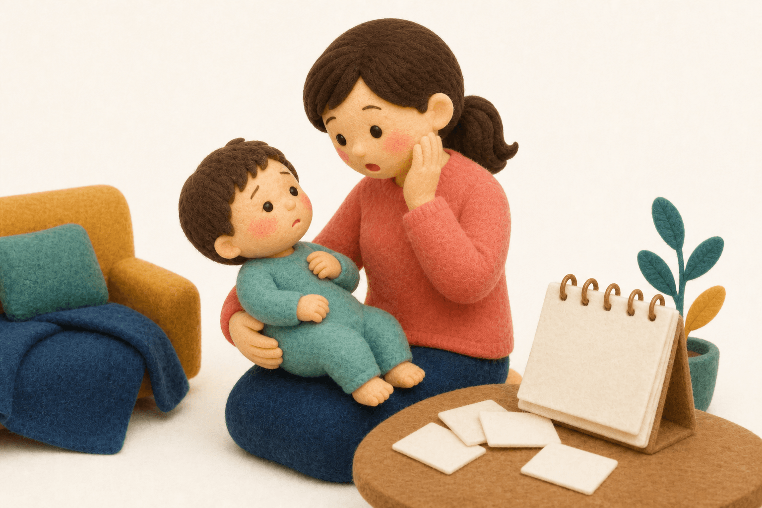 成人世代も含む国内の麻疹動向を意識する親子のフェルト人形風イラスト