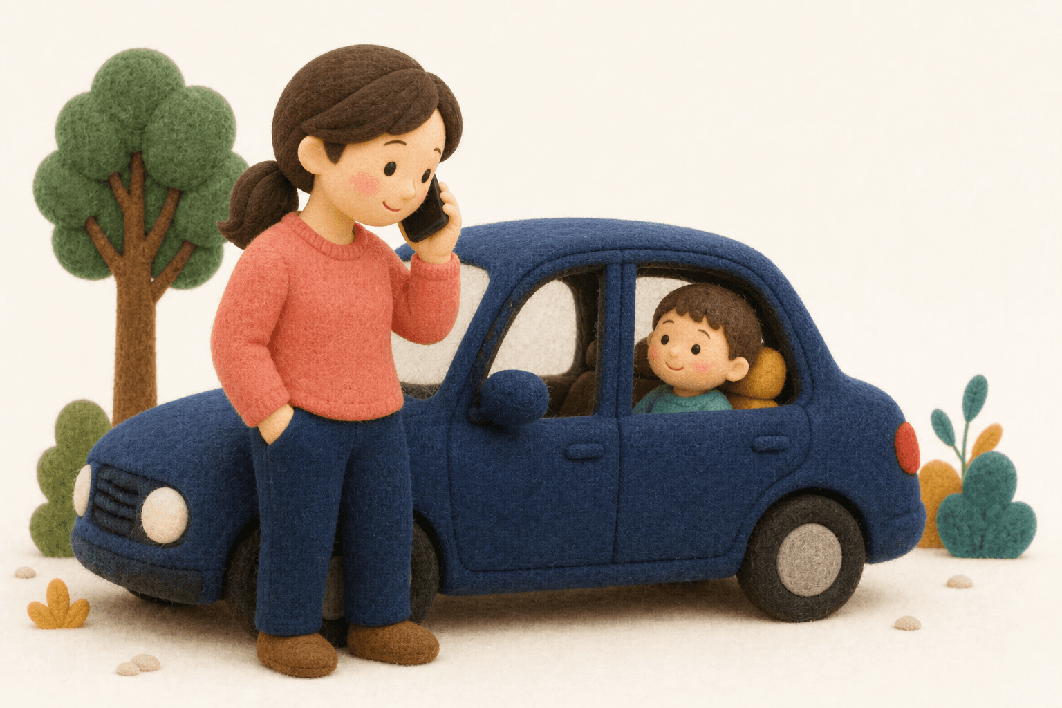 待合室に入らず車で待機しながら病院へ電話する保護者のフェルト人形風イラスト