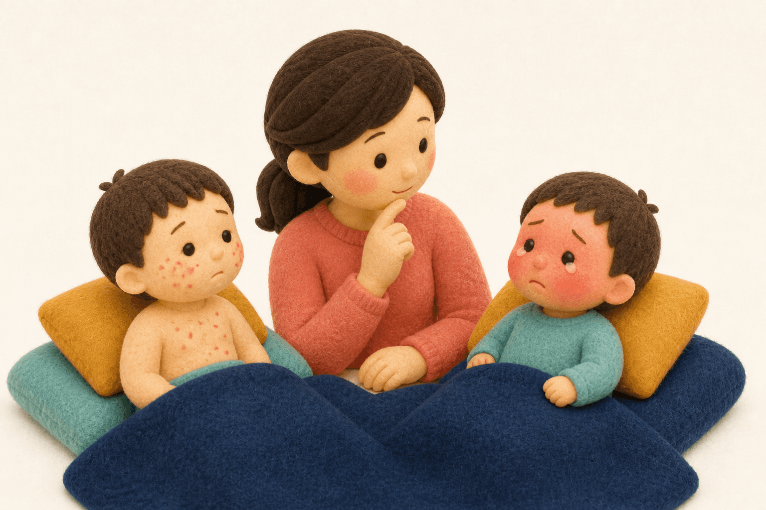 よくある発疹と麻疹っぽい様子を見比べて迷う保護者のフェルト人形風イラスト