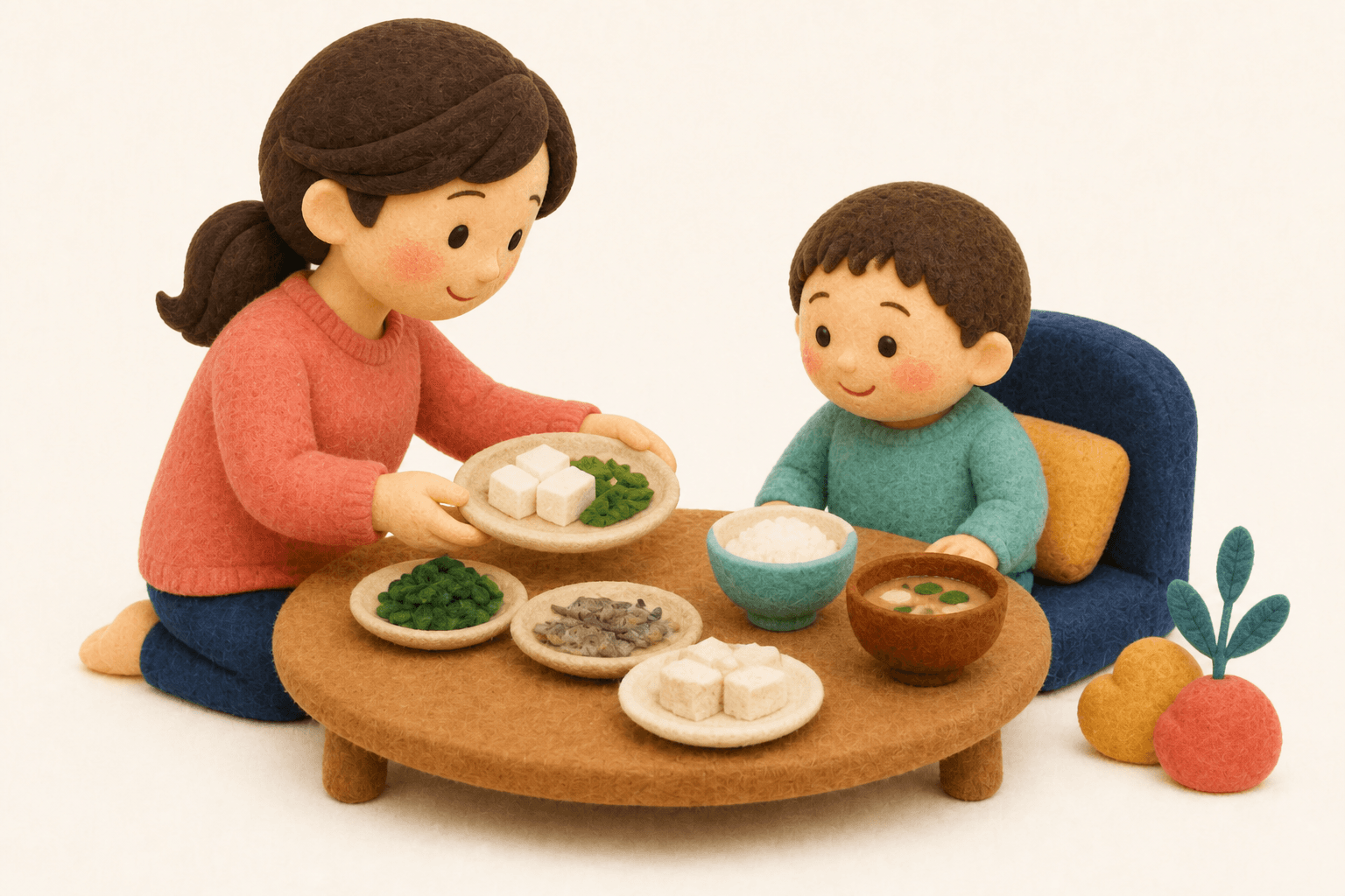 豆腐や小松菜などでカルシウムを補う食卓のフェルト人形風イラスト