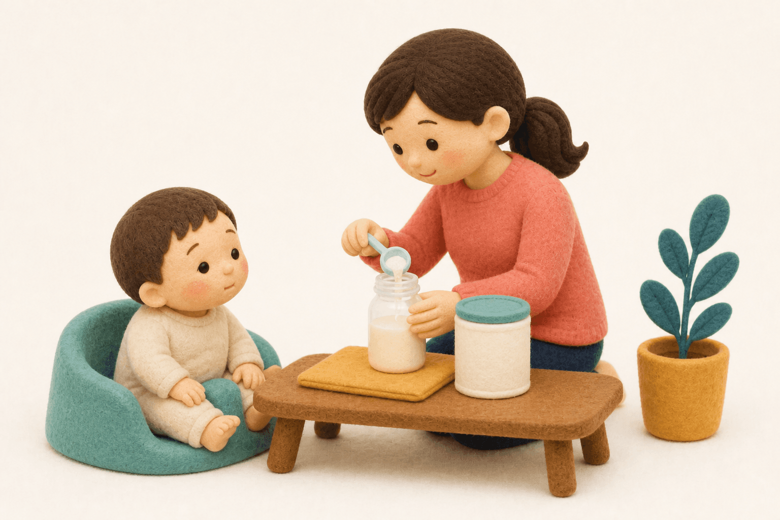 アレルギー用ミルクを調乳する保護者のフェルト人形風イラスト