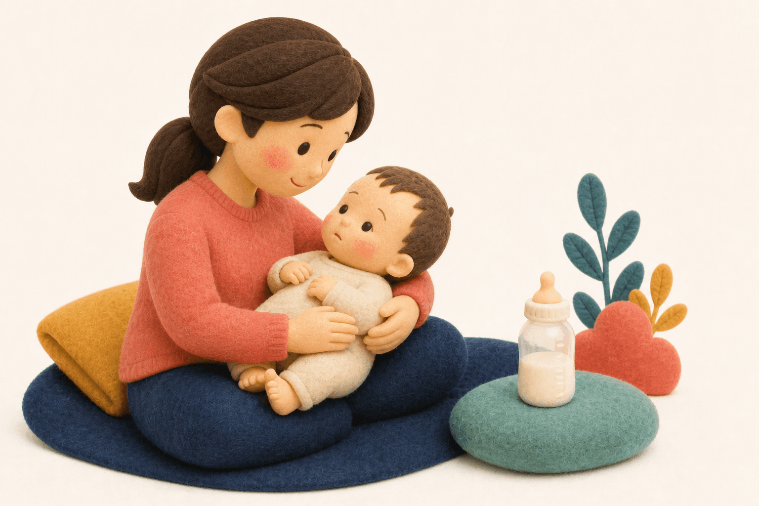 ミルクのあと様子を見る乳児と保護者のフェルト人形風イラスト