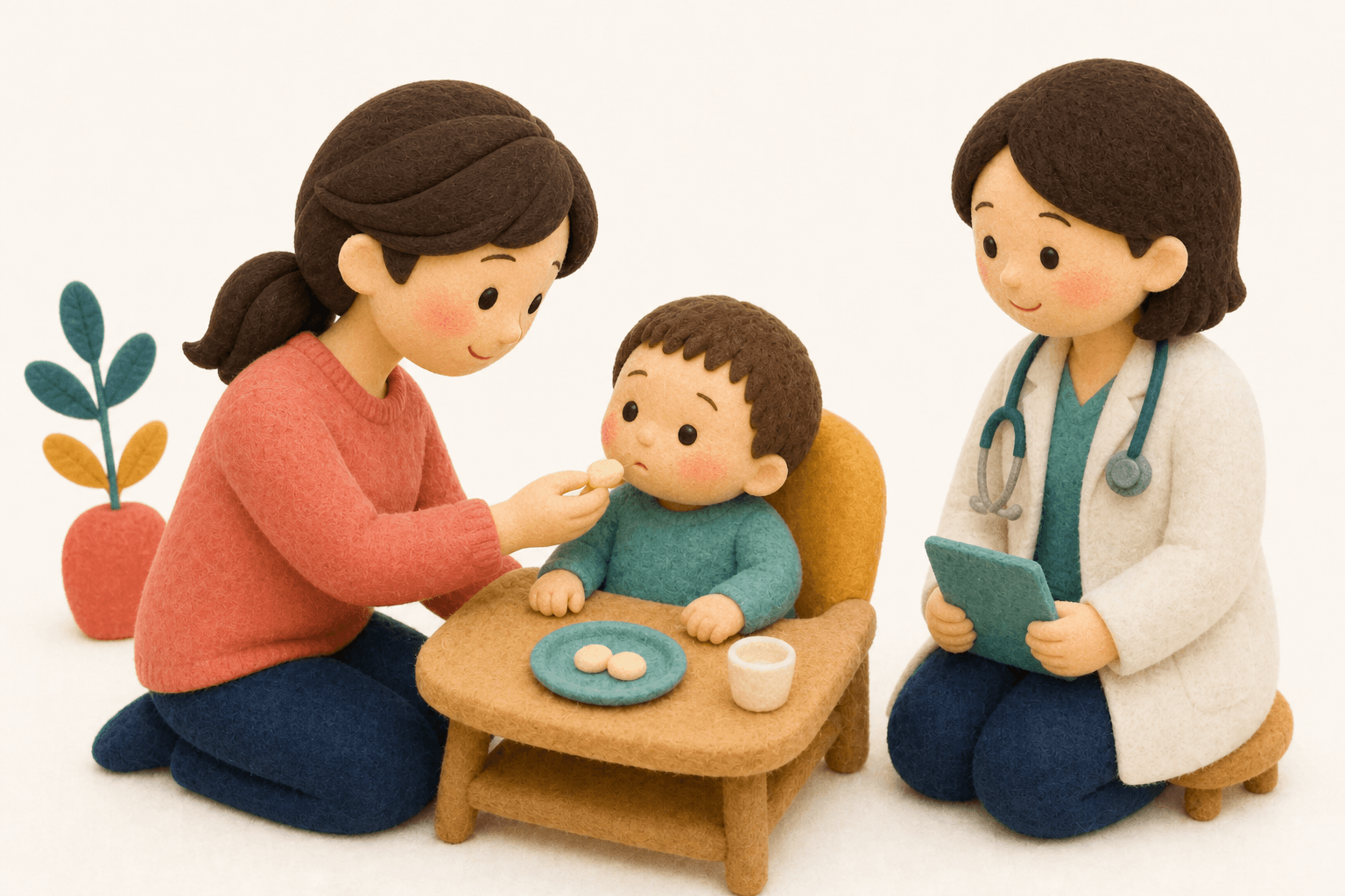 加熱乳製品から段階的に試す親子のフェルト人形風イラスト