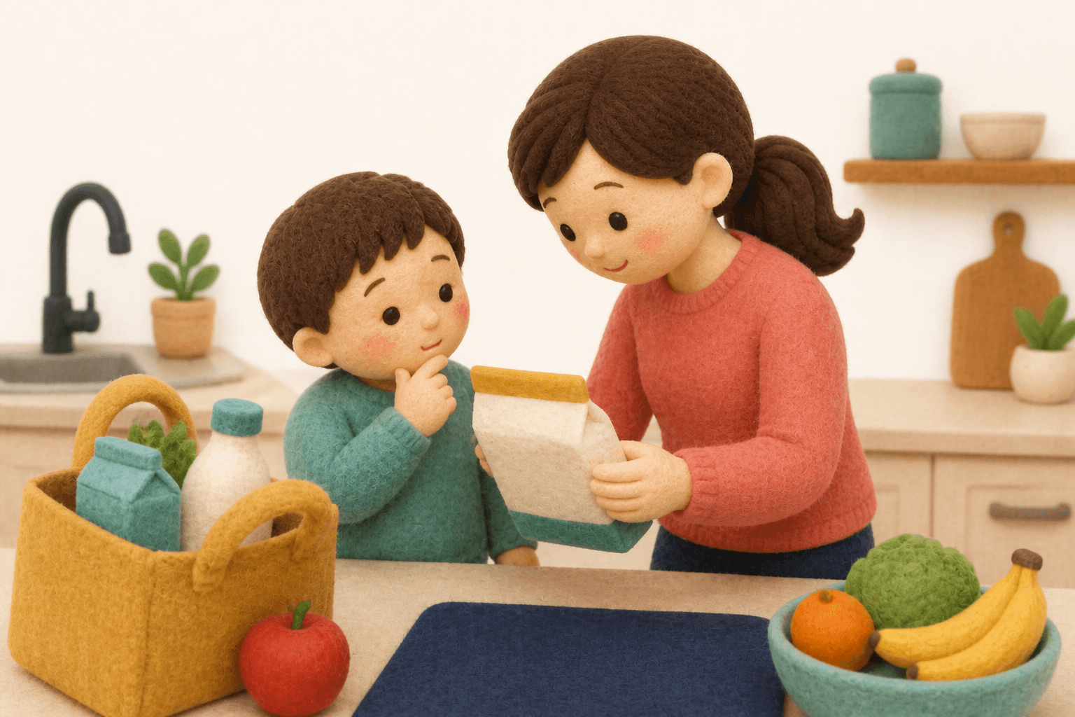 食品表示の乳成分を確認する親子のフェルト人形風イラスト