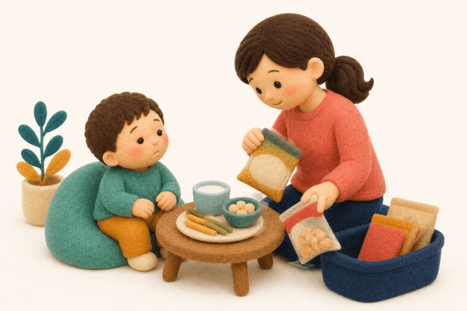 加工食品の乳表示を確認する親子のフェルト人形風イラスト