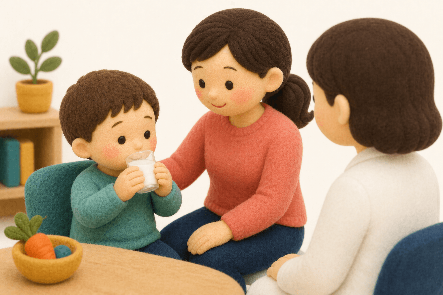 負荷試験後に少し牛乳を試せるようになった子どものフェルト人形風イラスト