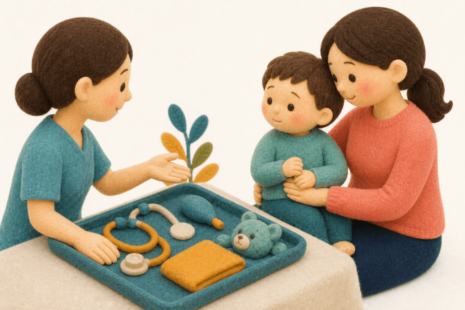 痛みの少ない治療選択肢を前に安心する子どものフェルト人形風イラスト