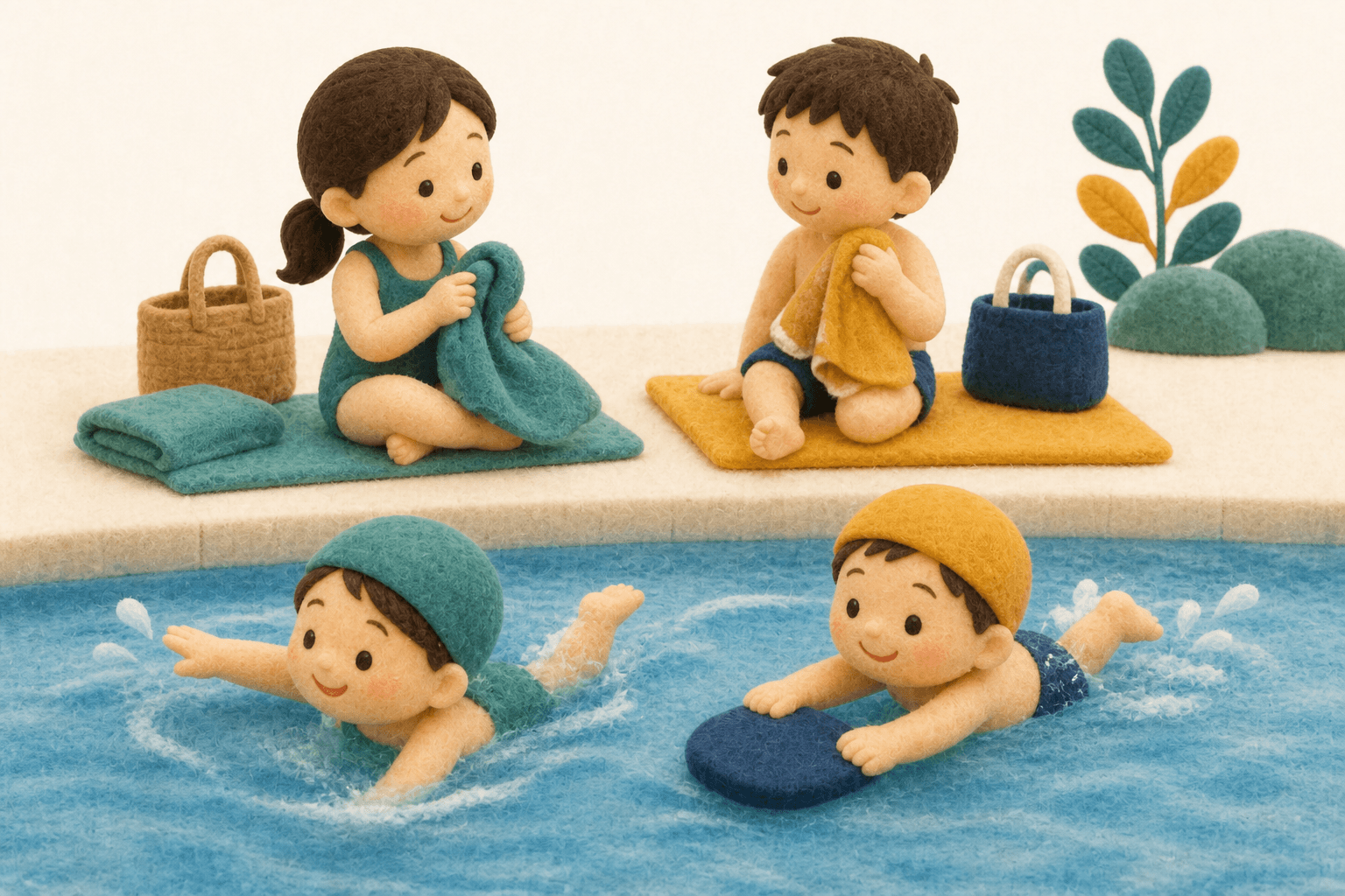 タオルを分けてプールを楽しむ子どものフェルト人形風イラスト