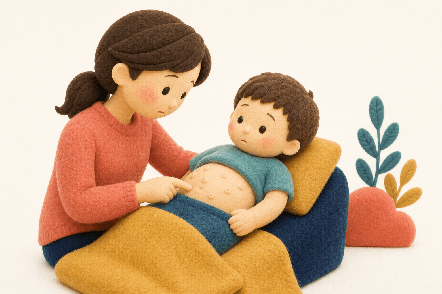 光沢のある小さな水いぼに気づく保護者のフェルト人形風イラスト