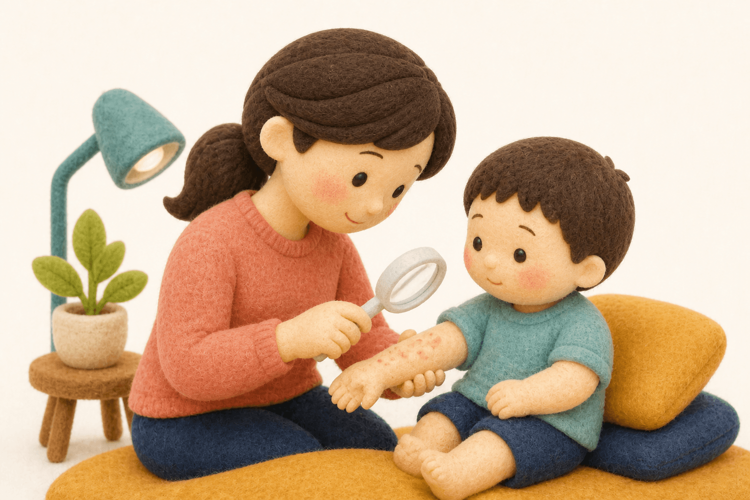 中央にくぼみのある水いぼを観察する保護者のフェルト人形風イラスト