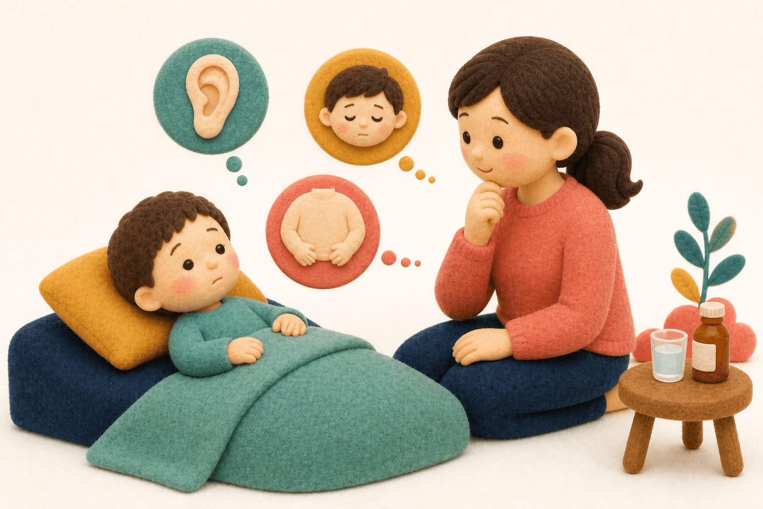 頬の腫れのある子どもと、主な合併症のイメージを考える保護者のフェルト人形風イラスト