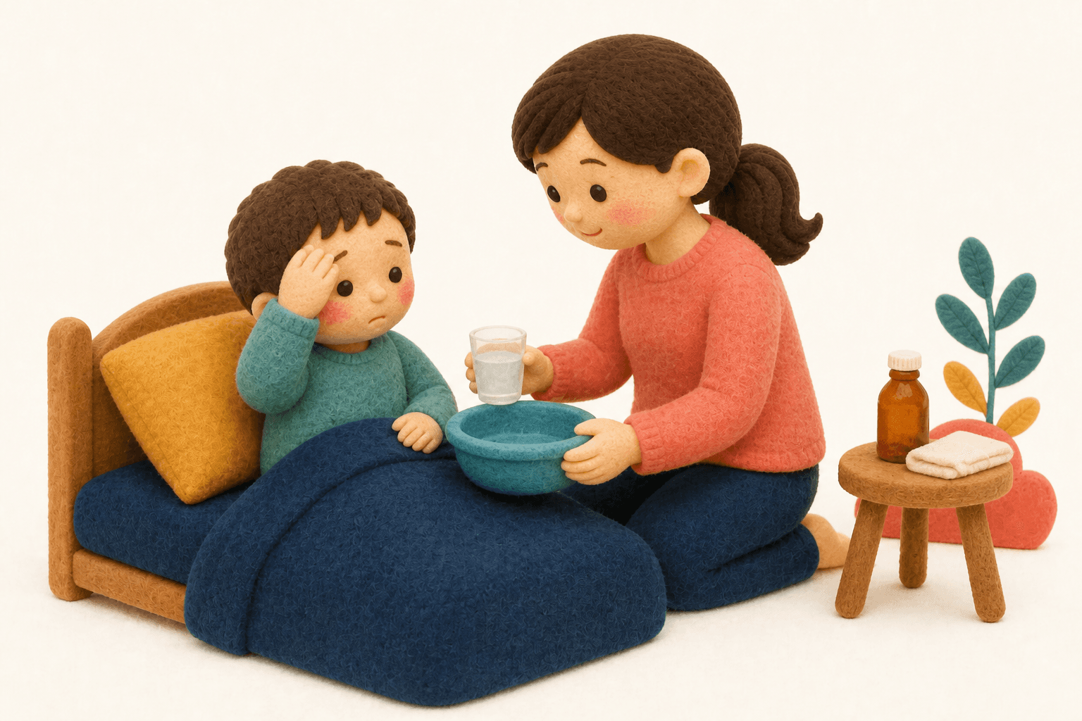 頭痛と吐き気でつらそうなおたふくの子どもを介抱する保護者のフェルト人形風イラスト