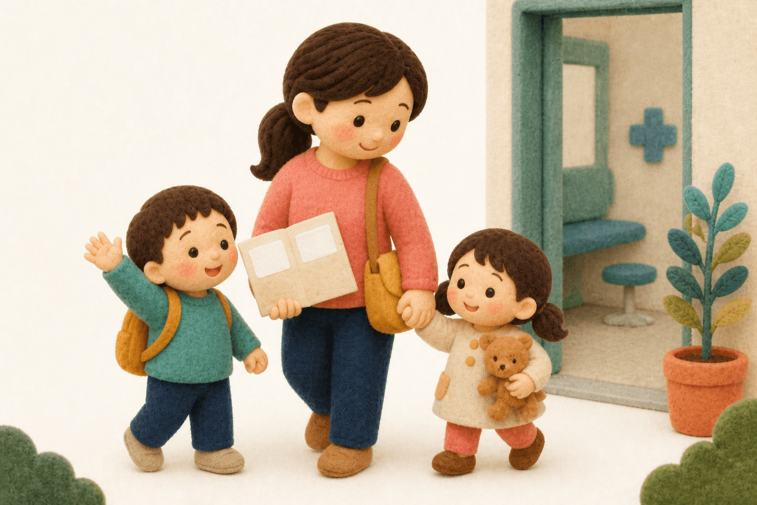 ワクチン接種の予定を母子手帳で確認して帰る家族のフェルト人形風イラスト