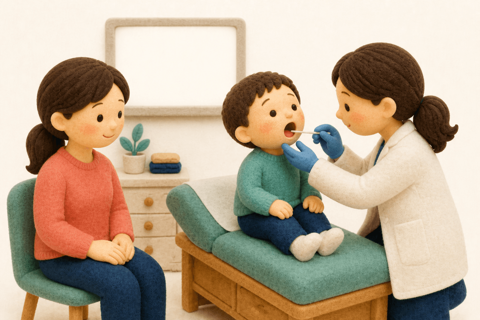 咽頭ぬぐい検査を受ける学童と待つ保護者のフェルト人形風イラスト