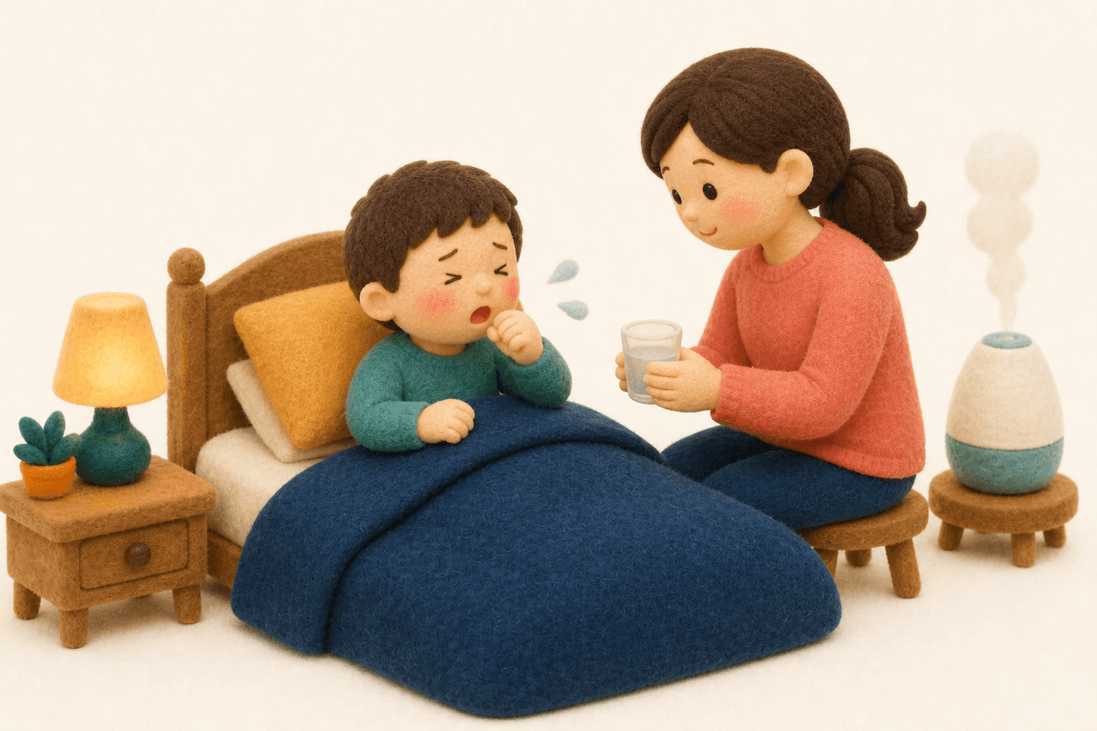 熱は落ち着いたのに夜間の乾いた咳が続く子どものフェルト人形風イラスト