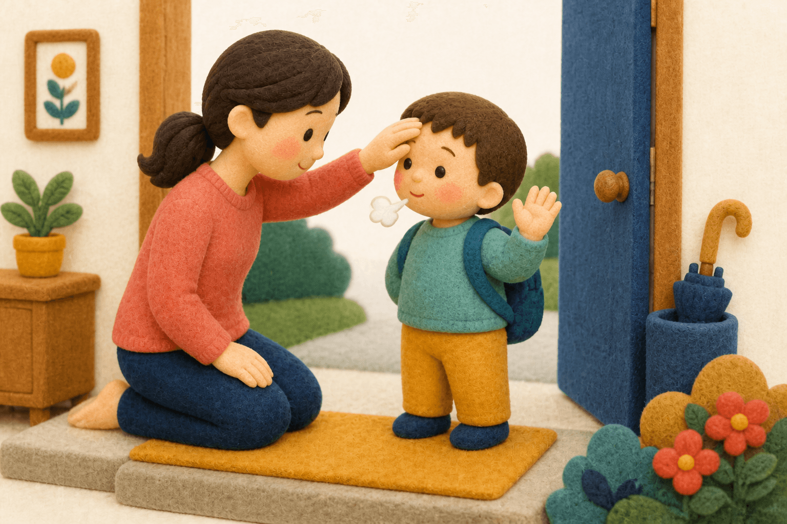 解熱後に登校の可否を確かめて送り出す親子のフェルト人形風イラスト