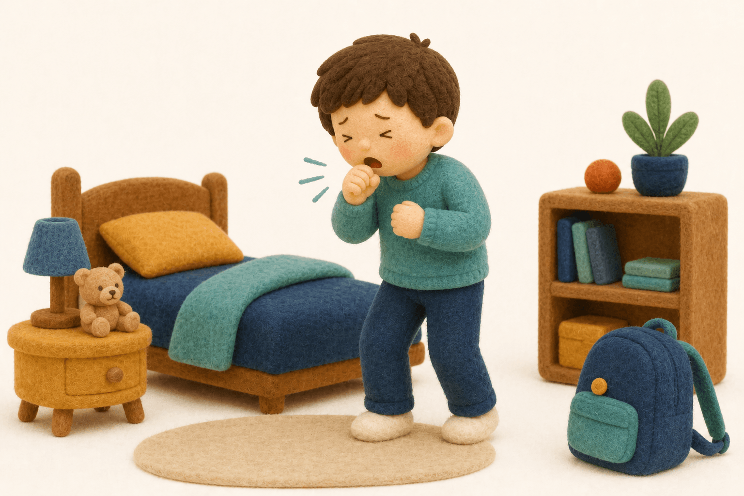 元気そうに見えるのに咳が長引く学童のフェルト人形風イラスト