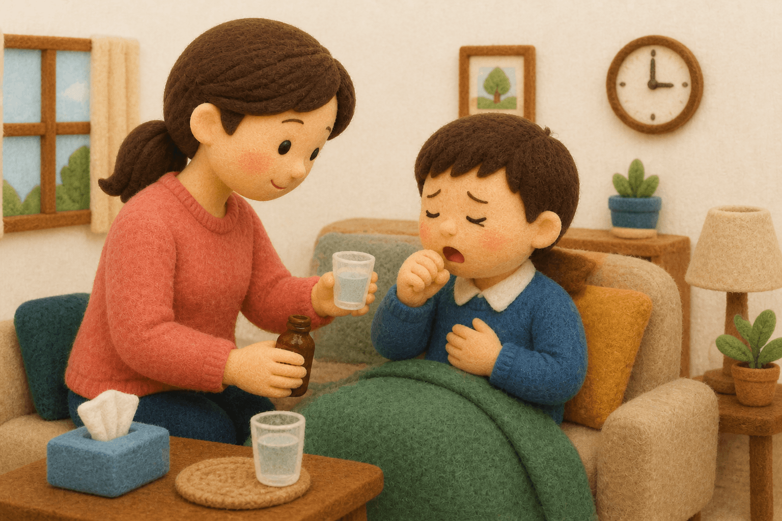 処方された抗菌薬を慎重に飲ませる保護者のフェルト人形風イラスト