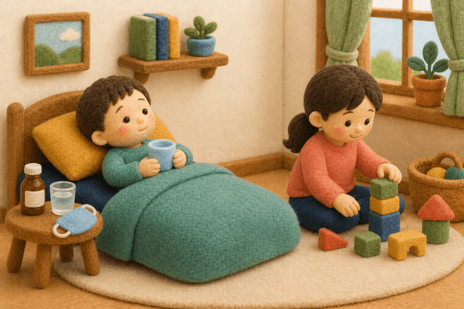 家族内感染を意識して距離と咳エチケットを保つきょうだいのフェルト人形風イラスト