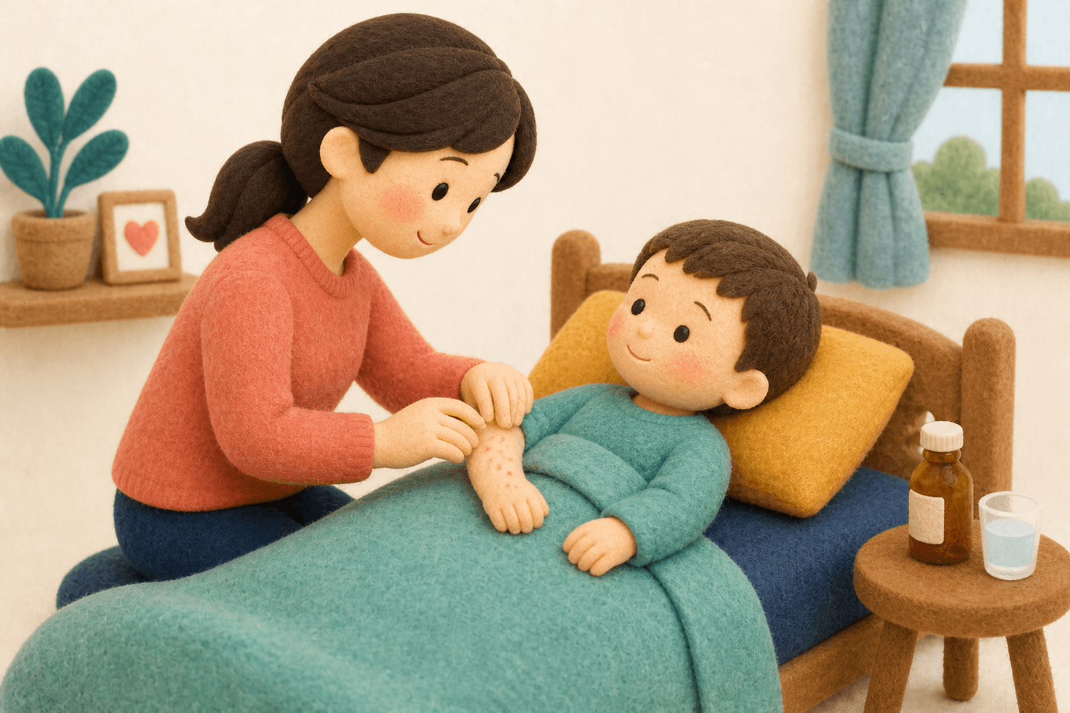 回復中の子どもに出た軽い発疹を確認する保護者のフェルト人形風イラスト