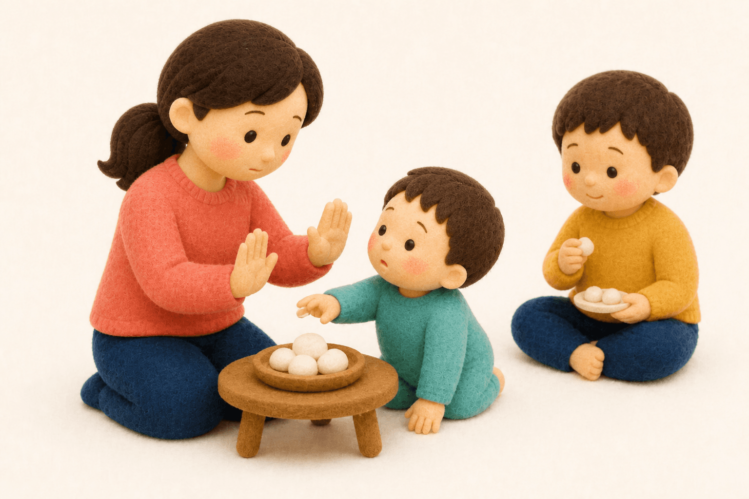 年齢に応じて餅を控える・小さくする様子のフェルト人形風イラスト