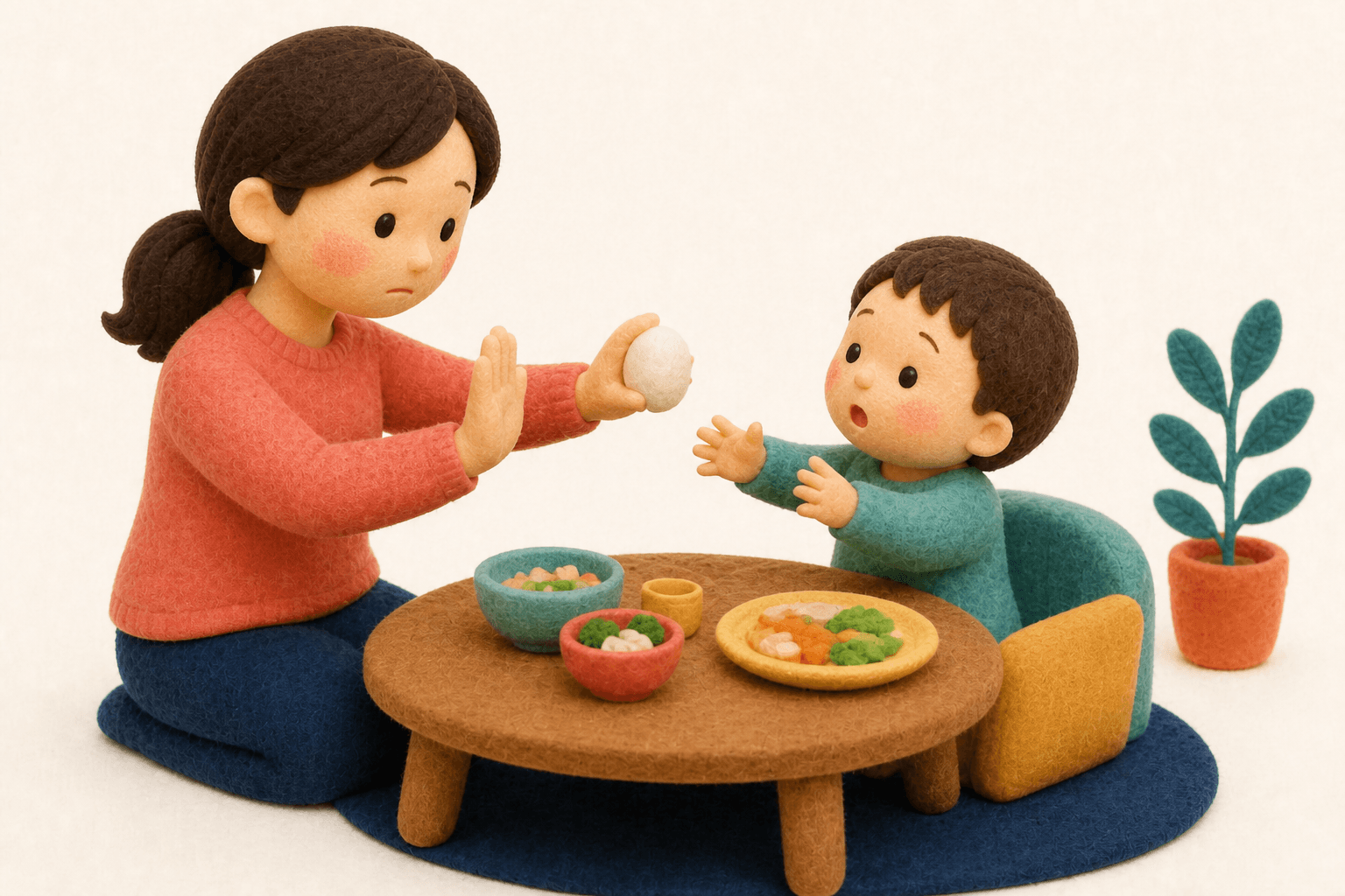 丸い餅を幼児の手の届かない所に置く保護者のフェルト人形風イラスト