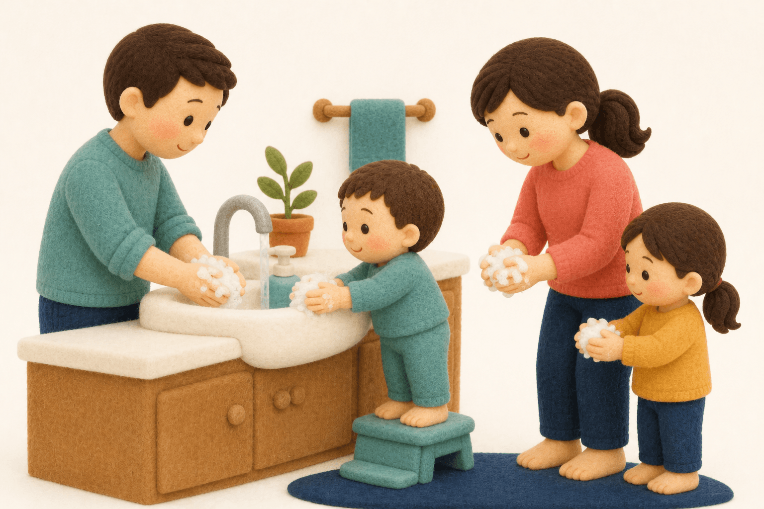 家族みんなで石けん手洗いをするフェルト人形風イラスト