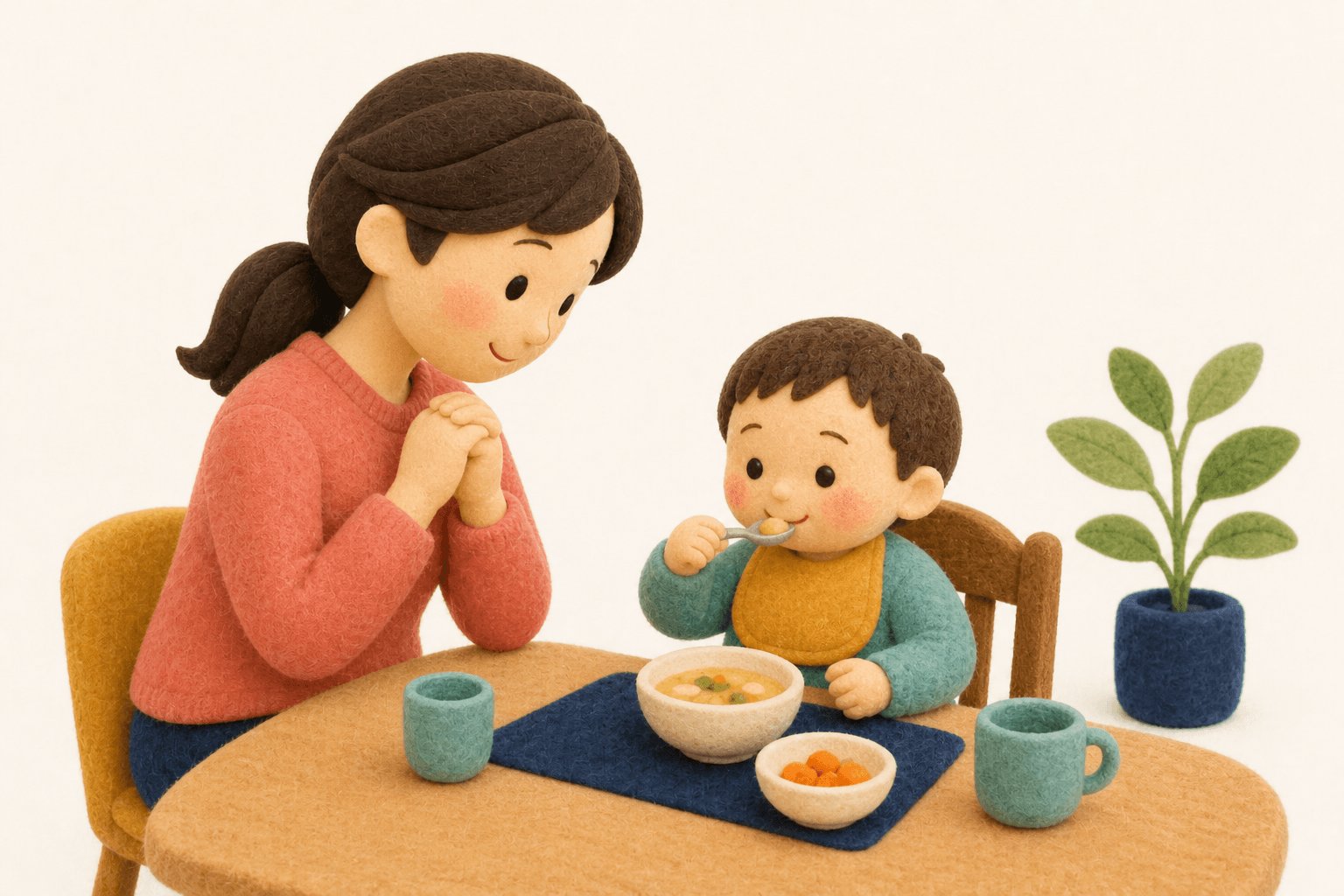 普通の食事が摂れるようになった子どもを見守る保護者のフェルト人形風イラスト