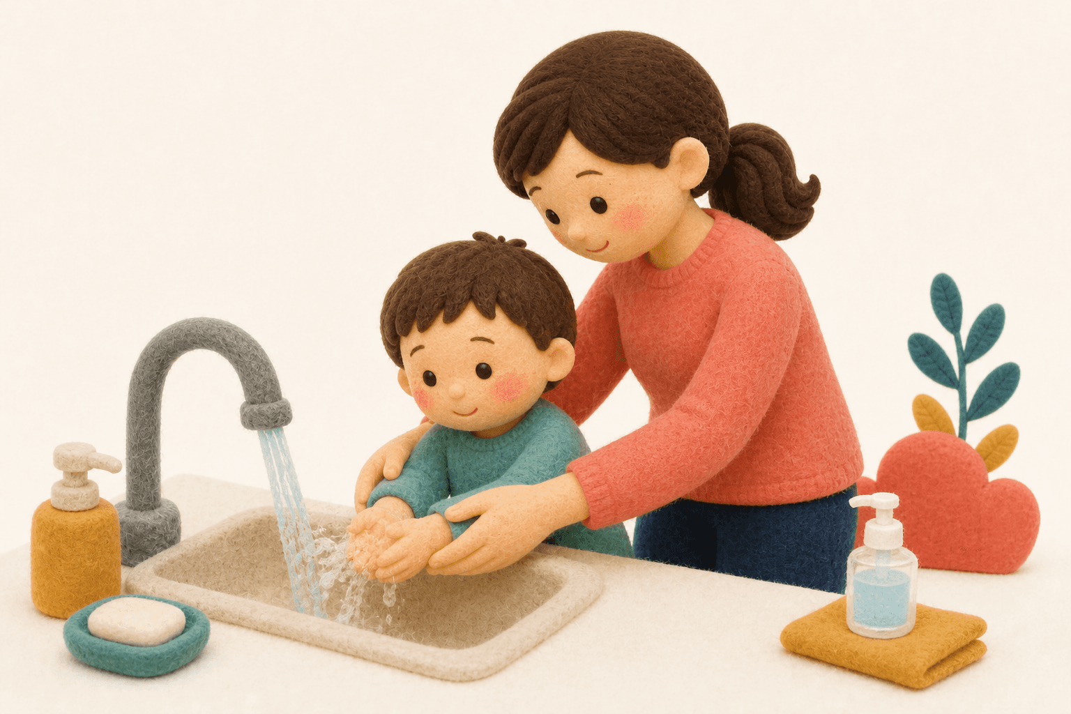 アルコールより石けんと流水で手を洗う親子のフェルト人形風イラスト