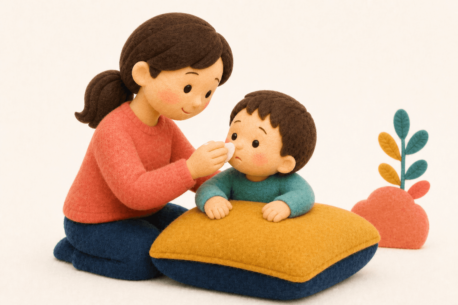 鼻をぶつけて泣いた子どもを抱き寄せるフェルト人形風イラスト