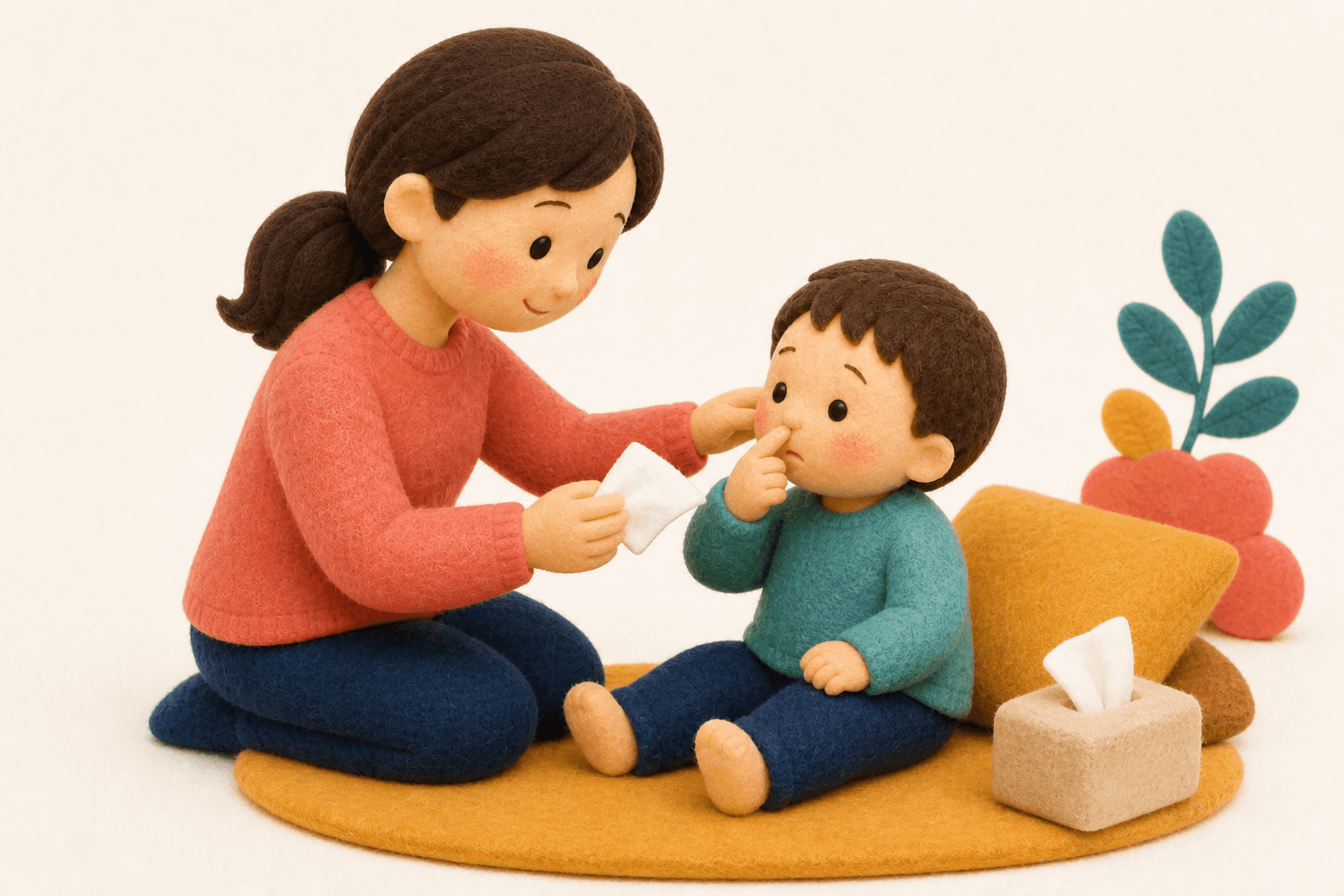 鼻いじりをやさしく止める保護者のフェルト人形風イラスト