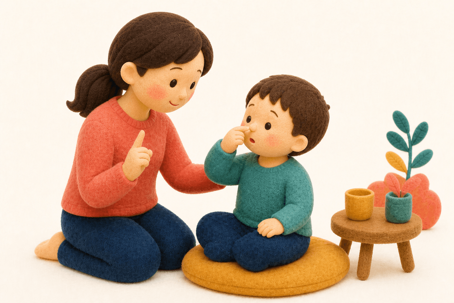 小鼻をつまみ口で静かに呼吸する子どものフェルト人形風イラスト